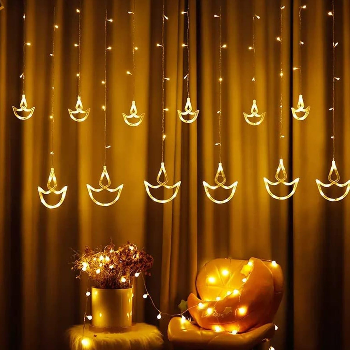 LK-03 Diya lighting gold LED 10 Diya Curtain String Light with Plug Sourced Serial Decorative Lamps Fairy Lights for Indoor Outdoor Home Decoration Wedding Diwali Christmas