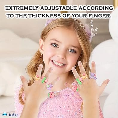 11214 Cartoon Rings for Girls – 10 Pcs Adjustable Ring Set with Heart Shaped Box, Fancy Finger Rings for Kids