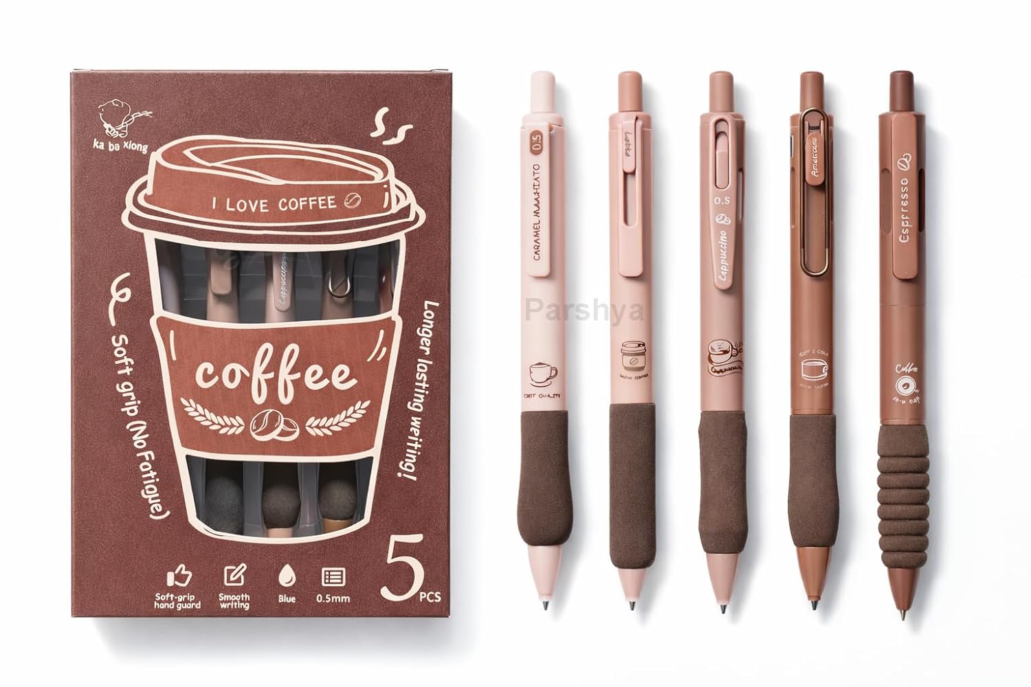 CK-PE-13 Coffee Theme Gel Pens Set of 5 | 0.5mm Fine Tip Blue Ink Pens | Soft Grip Smooth Writing Pens | Aesthetic Cute Stationery for Students, Office, Journaling & Gifts
