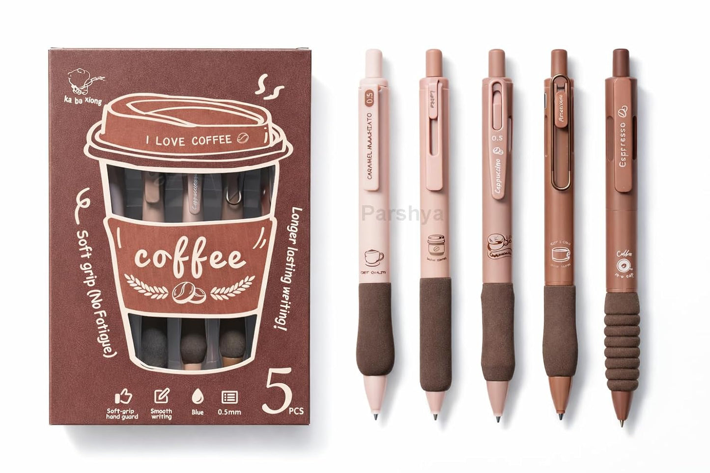CK-PE-13 Coffee Theme Gel Pens Set of 5 | 0.5mm Fine Tip Blue Ink Pens | Soft Grip Smooth Writing Pens | Aesthetic Cute Stationery for Students, Office, Journaling & Gifts
