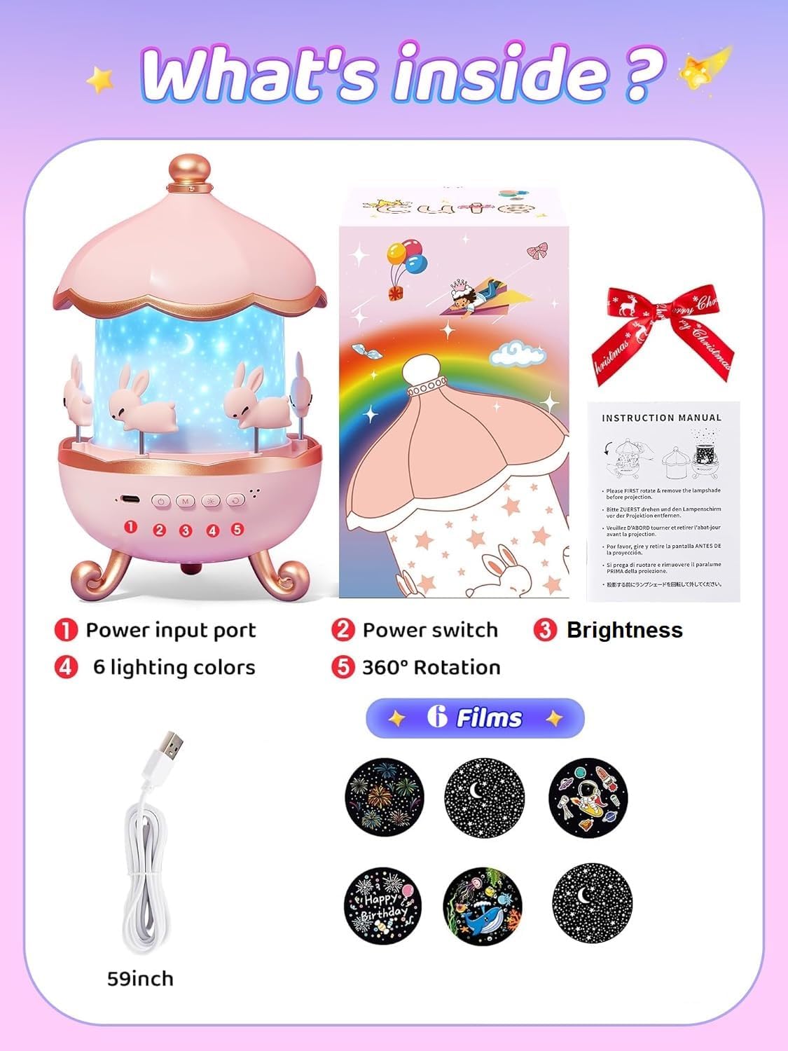 E11 Rotating Bunny Night Light, Night Lamp Star Projector