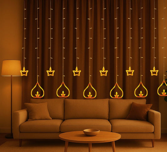 0520 Diya Lights Diwali String Curtain Lights – Warm White Indoor & Outdoor Lights for Home, Wall, Window, Indian Wedding, Garden