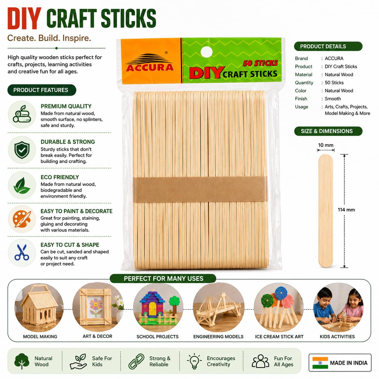 20941 DIY Craft Sticks Pack of 50 | Natural Wooden Ice Cream Sticks for Art & Craft, School Projects, Model Making, Decoration, Popsicle Stick, DIY Activities & Kids Creative Learning