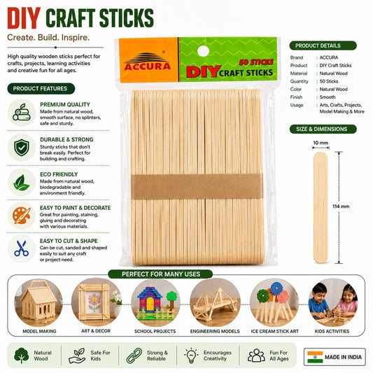 20941 DIY Craft Sticks Pack of 50 | Natural Wooden Ice Cream Sticks for Art & Craft, School Projects, Model Making, Decoration, Popsicle Stick, DIY Activities & Kids Creative Learning