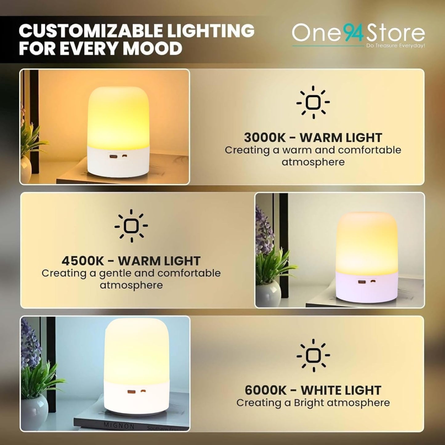 NC-B003 Oval Shaped LED Table Lamp – USB Rechargeable Touch Night Light with 3 Modes