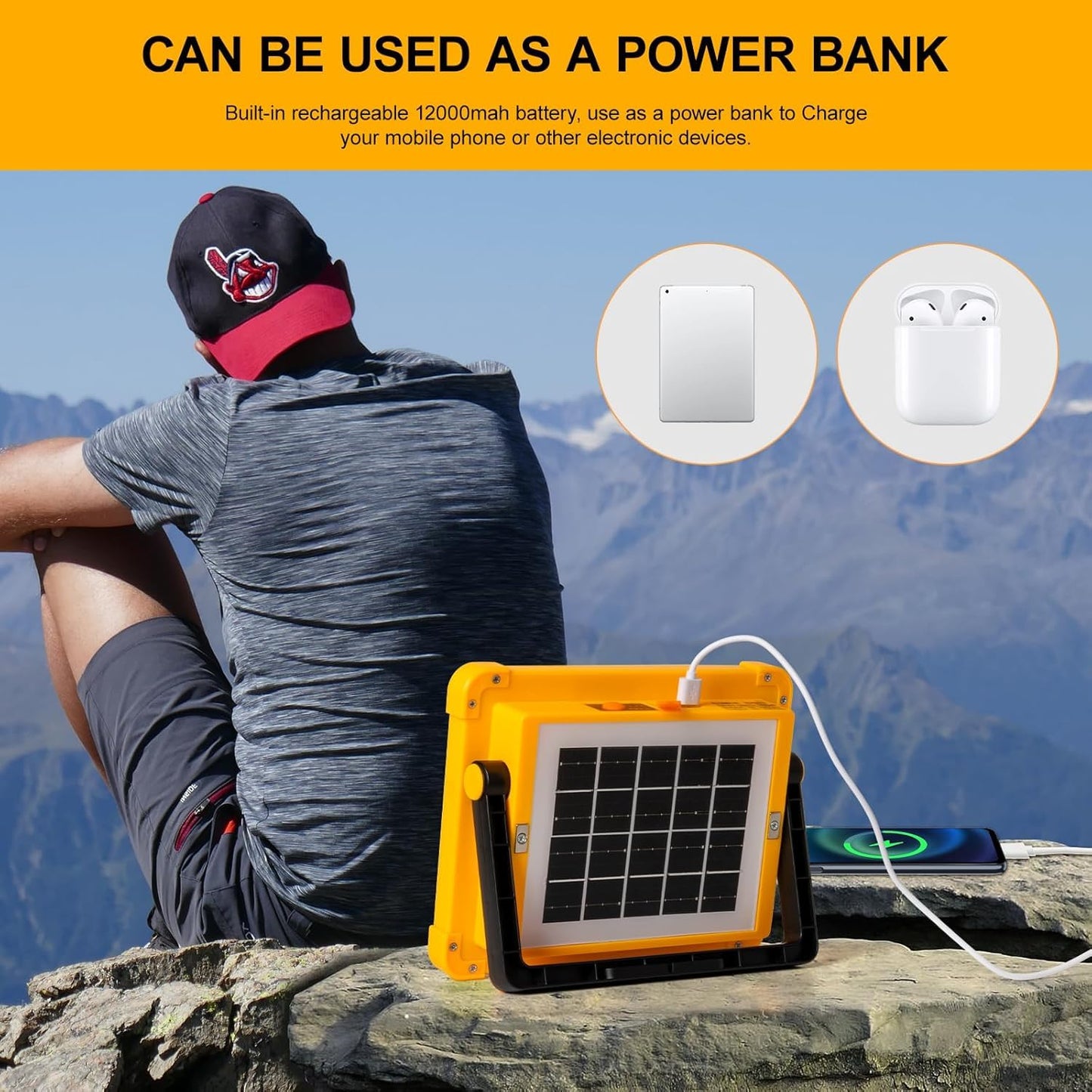 20027 Construction Spotlight Battery Solar Light Portable, 10000LM 12000mAh Battery Work Light USB Rechargeable, 4 Light Modes