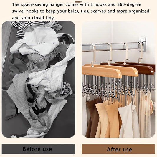 20877 Multi Purpose 8 Hook Wooden Hangers,Wooden Belt Hanger, Tie 8 Hook Hanger,Closet Hangers, Foldable Hooks Wood Hanger