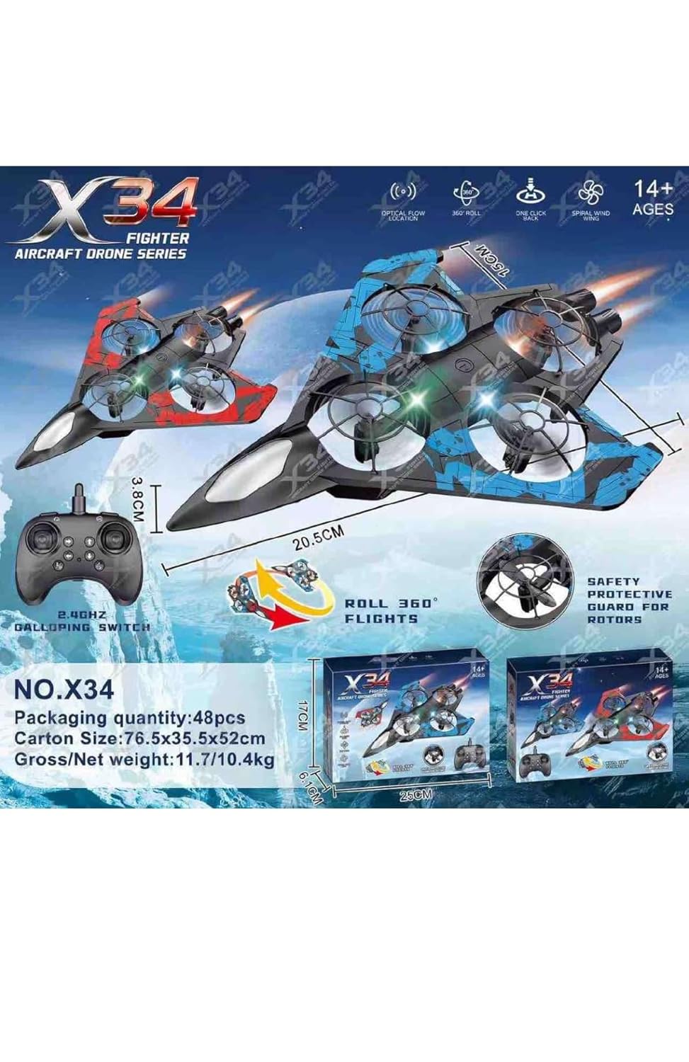 X34 Fighter Plane | 2.4 GHZ Remote Controlled | LED Lights, 360 FLIP