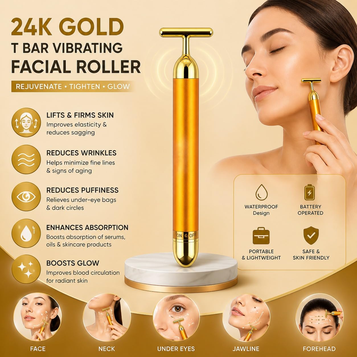 20623  24K Gold Energy Beauty Bar Electric Facial Massager Vibration Face Roller Skin Tightening Anti Aging Tool, Wrinkle Remover for Face Neck Jawline