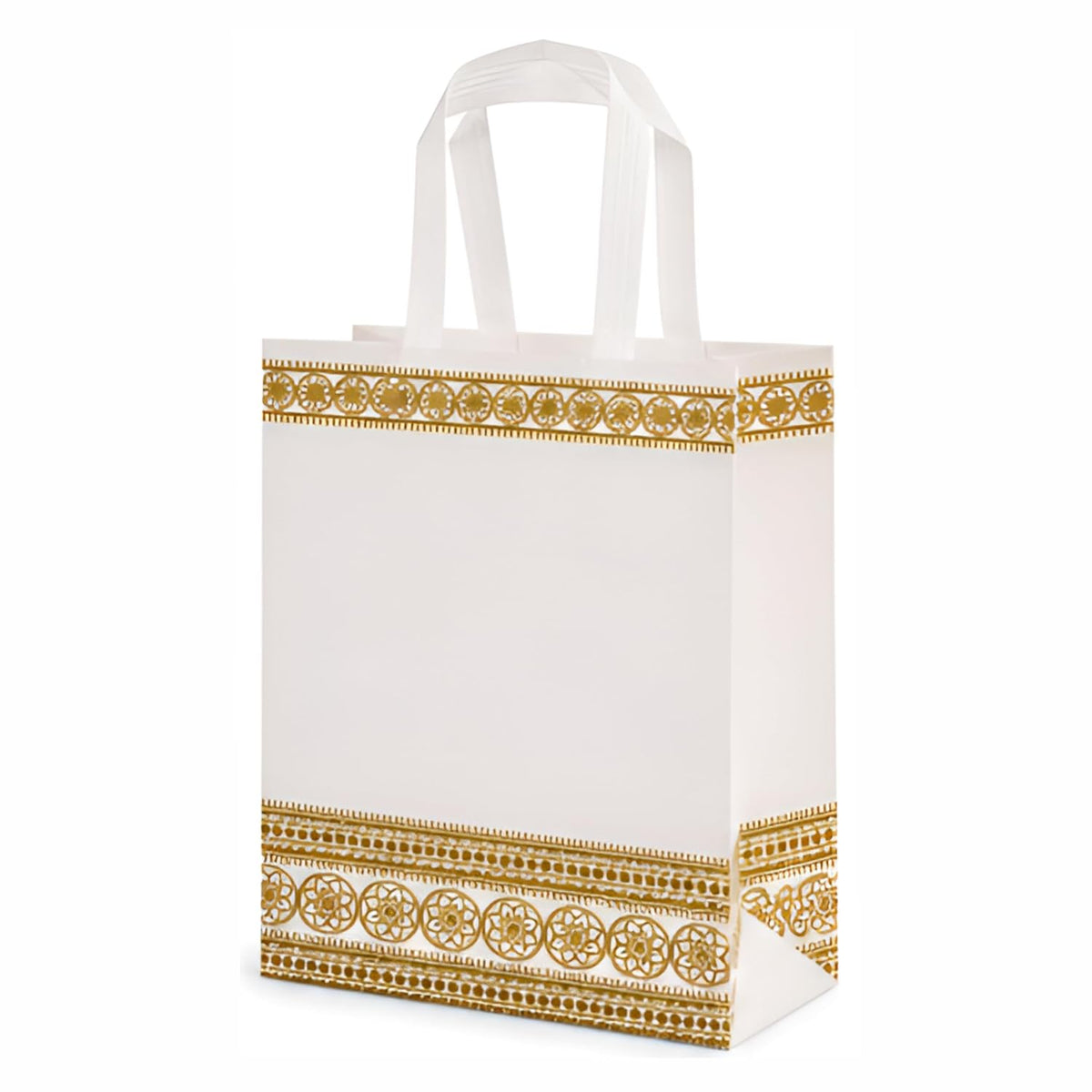 21365 Laminated Loop Handle Carry Bags Pack of 10 | Reusable Eco-Friendly Shopping Bags | Strong & Durable Grocery, Retail & Gift Bags | White with Golden Print (10x12x4 In)