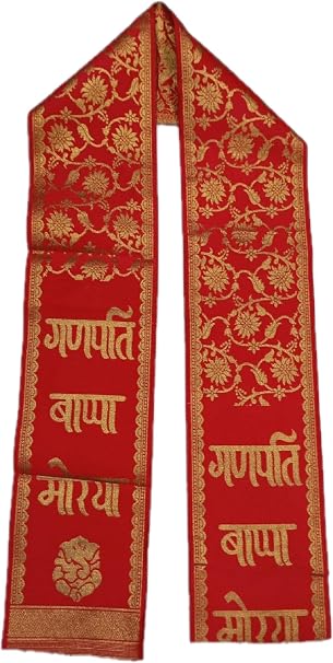 21123 {Pack of 12} Ganpati Bappa Maurya Velvet Stole/Patka/Duppata/Phatka/Scarf/Chunni/Khesh Golden Floral Printed Red Stole