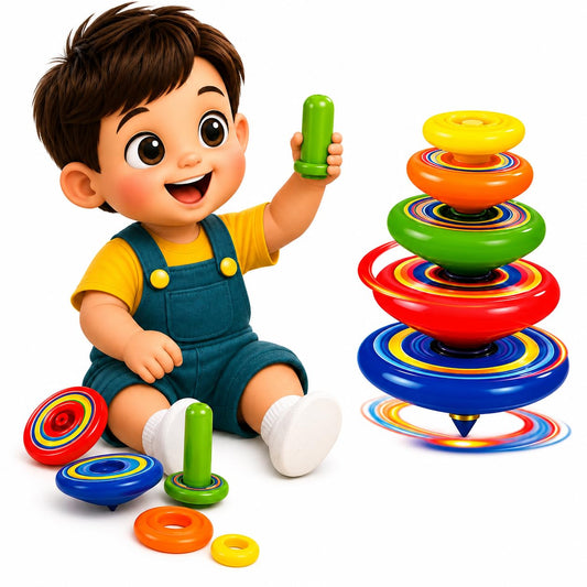 10516 Super Stacking Spinning Tops – 5 Gyro Tops with Transmitter, Ages 3+(1) Colourful & Vibrant, Stackable & Interlocking Design, Long-Lasting Spin, Lattoo Spinning Top Toy Set for Kids