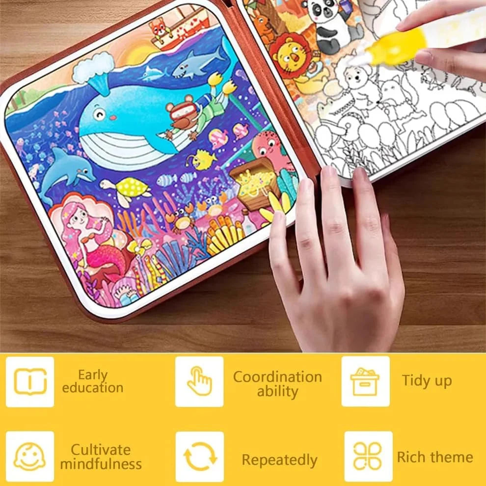 CK-3337 Water Magic Coloring Busy Books with Refillable Pen – 2 in 1 Busy Binder for Toddlers No-Mess Water Reveal Activity Book Set for Kids – Reusable Travel-Friendly
