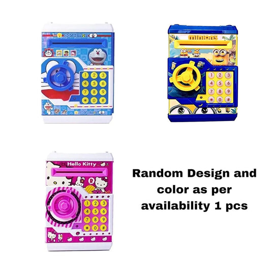 4108 Toys Battery Operated Mini ATM Safe Kids Piggy Saving ATM Bank with Electronic Lock Coin Bank Cash Deposit ATM Cartoon for Kids (Random Print)