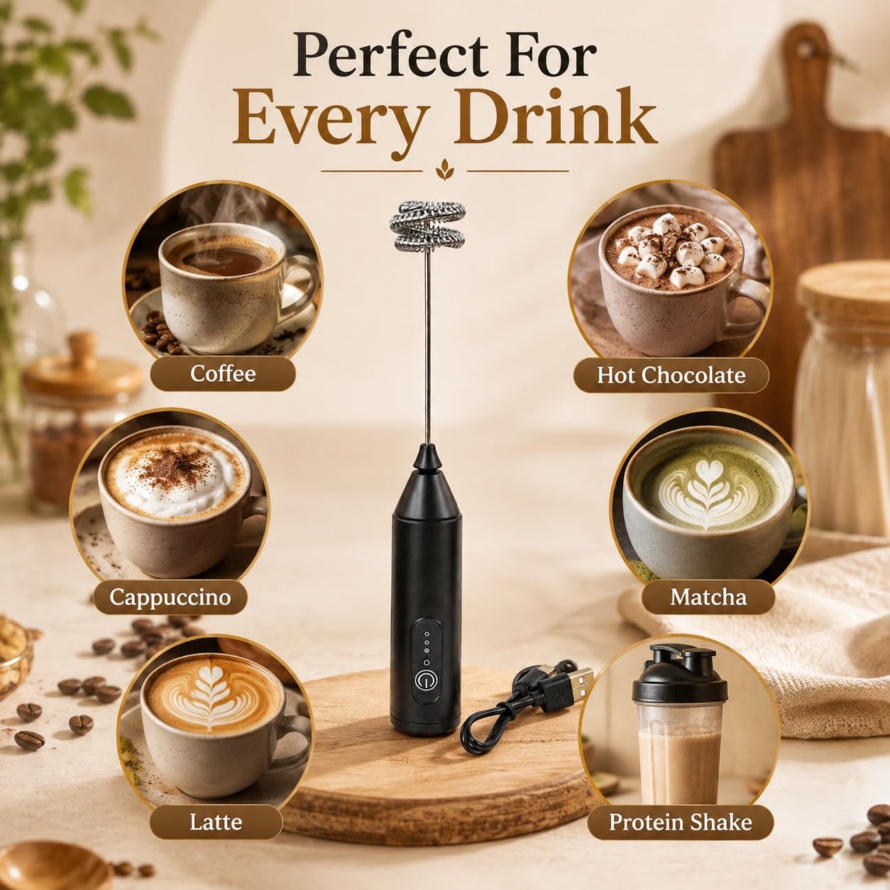 YN-999 Rechargeable Milk Frother, 3-Speed Electric Coffee Beater & Hand Blender with Dual Spring Whisk | Type-C Fast Charging for Latte, Cappuccino & Matcha
