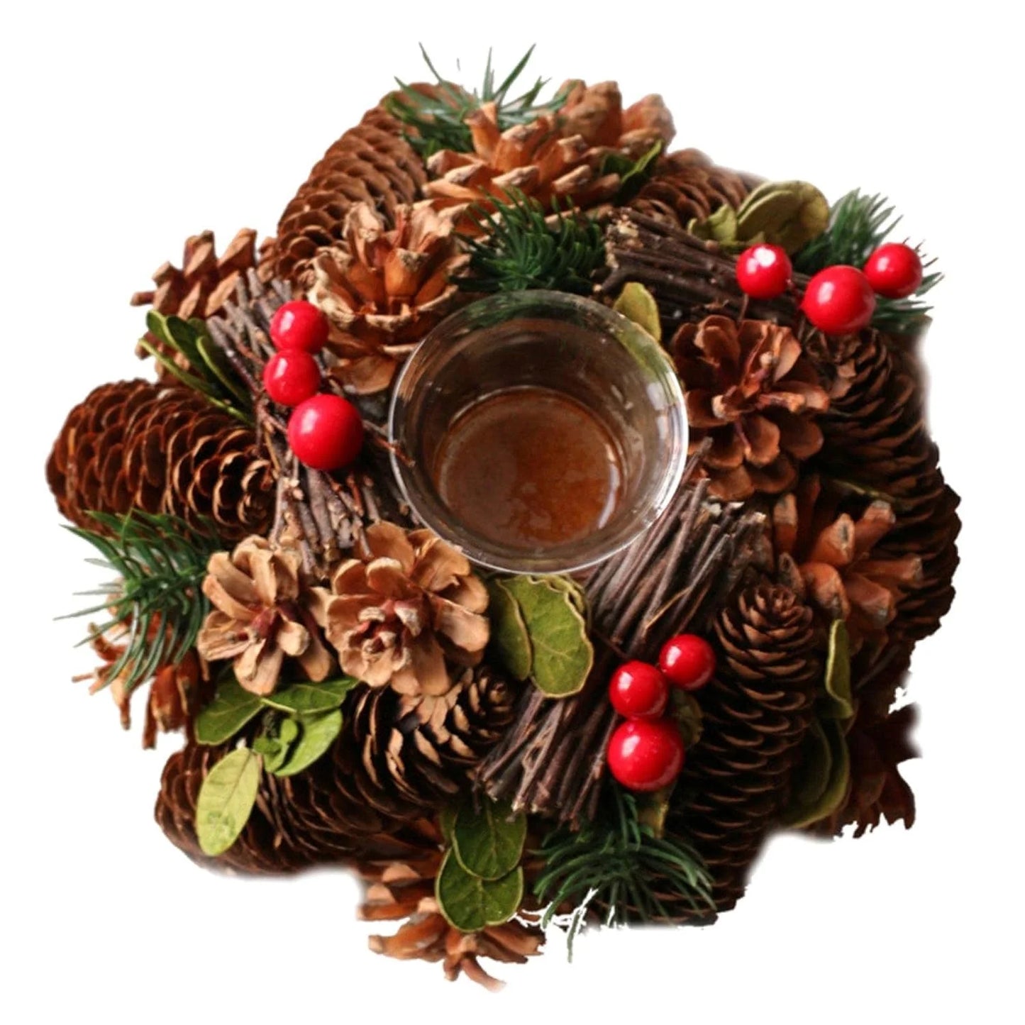 7096 Red Rosette Jingle Bells Glass Artificial Greenery Tea Light Holder