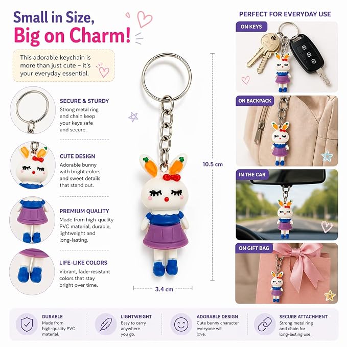 20894 {Pack of 12} Cute Rabbit Girl PVC Keychain | Cartoon Bunny Character Key Ring for Car Bike Keys