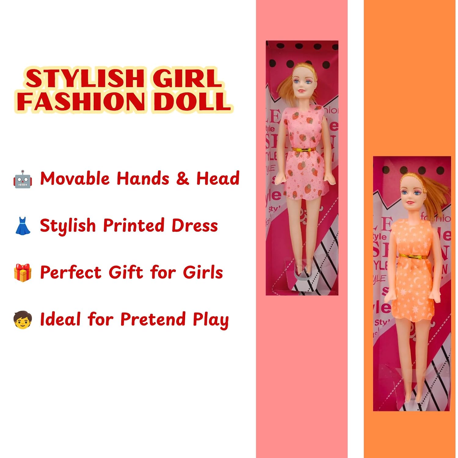 20959 (Pack of 1) Stylish Girl Fashion Doll Toy – Movable Hands & Head, Printed Dress – Gift Toy for Girls(random colour)