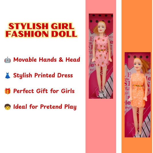 20959 (Pack of 1) Stylish Girl Fashion Doll Toy – Movable Hands & Head, Printed Dress – Gift Toy for Girls(random colour)