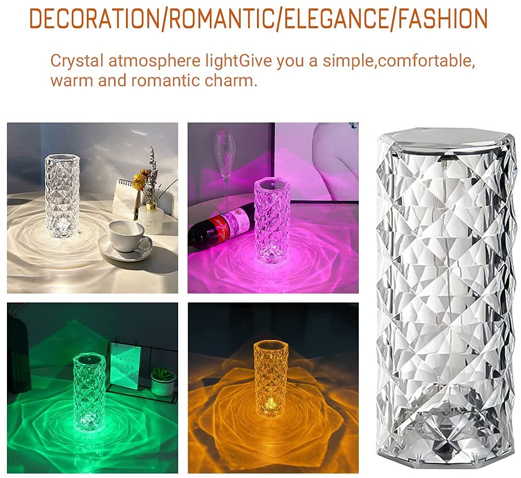 20171 Color Changing Rose Crystal Diamond Table Lamp,USB Rechargeable Touch Bedside Lamp Night Light with Remote Control