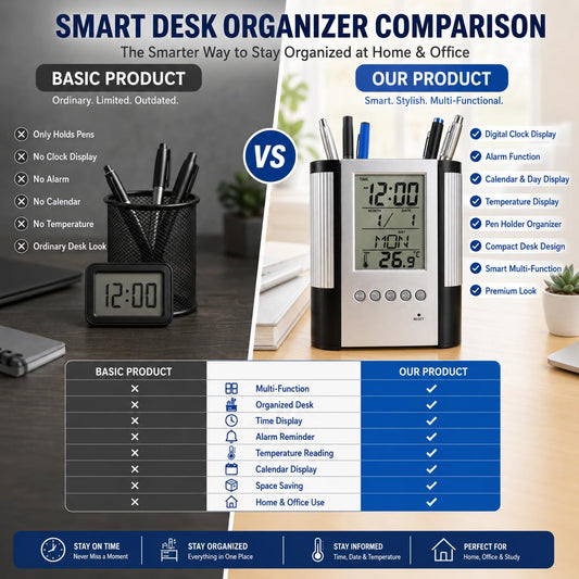 21105 Digital Clock Pen Holder for Smart Desk Setup, LCD Time Calendar Temperature Display & Alarm