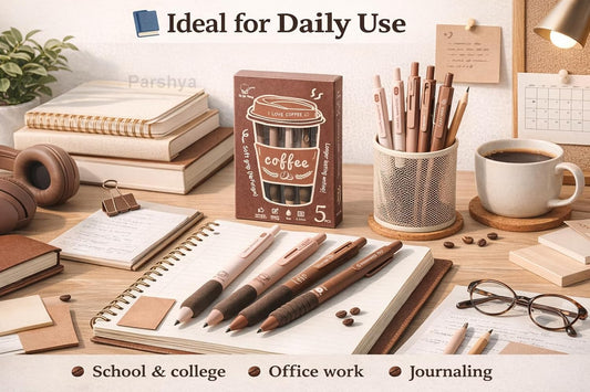 CK-PE-13 Coffee Theme Gel Pens Set of 5 | 0.5mm Fine Tip Blue Ink Pens | Soft Grip Smooth Writing Pens | Aesthetic Cute Stationery for Students, Office, Journaling & Gifts