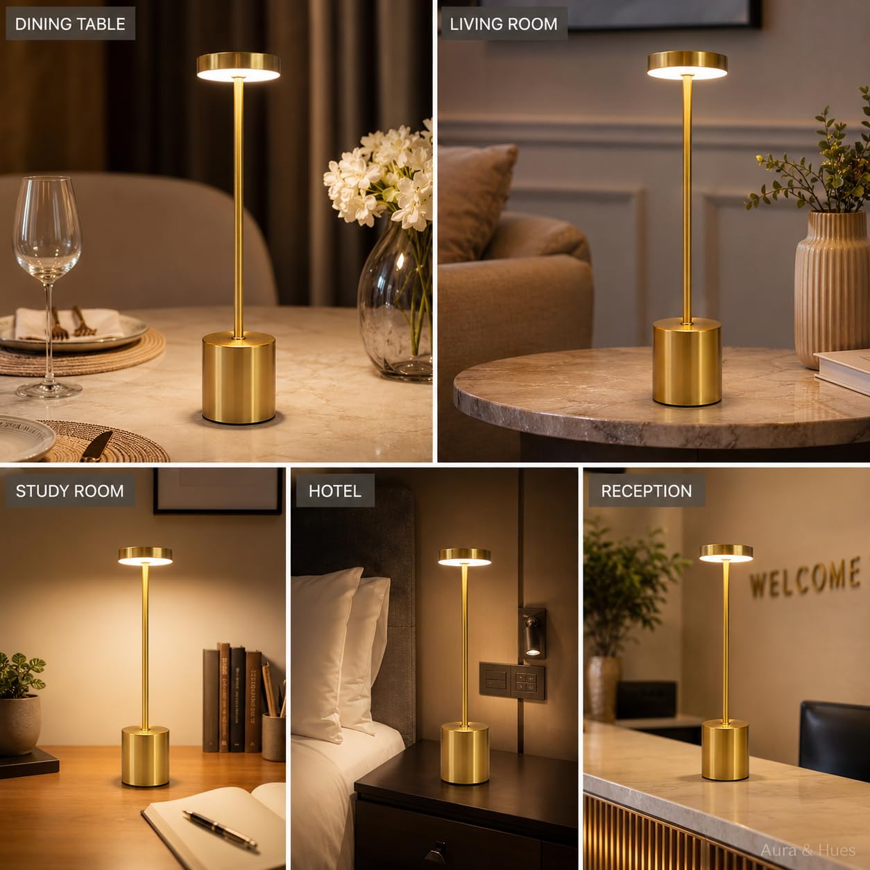 RM-AH1954 Rechargeable LED Table Lamp, Touch Control Cordless Desk Lamp with 3 Color Modes & Stepless Dimming, USB Type-C Portable Metal Bedside Lamp for Bedroom, Living Room, Restaurant, Office, Study