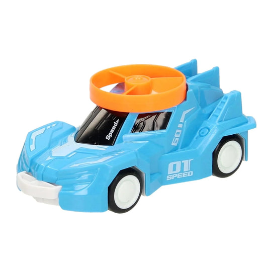 987B-28 Speed Friction Powered Rotary Gyro Car with Flying Disc Shooter – Pull Back & Launch Toy Car for Kids