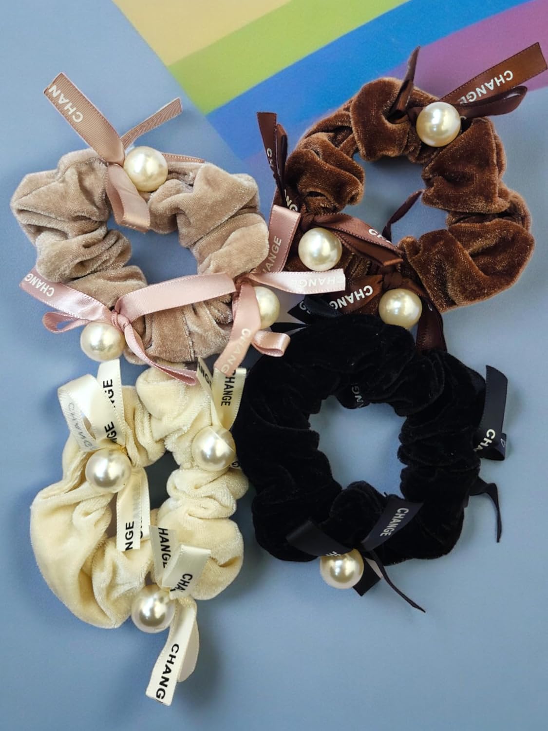 MAYA-606 Korean velvet cute scrunchies, Ponytail band, velvet Rubber hair ties, embelisshed with white pearl & Ribbon for women