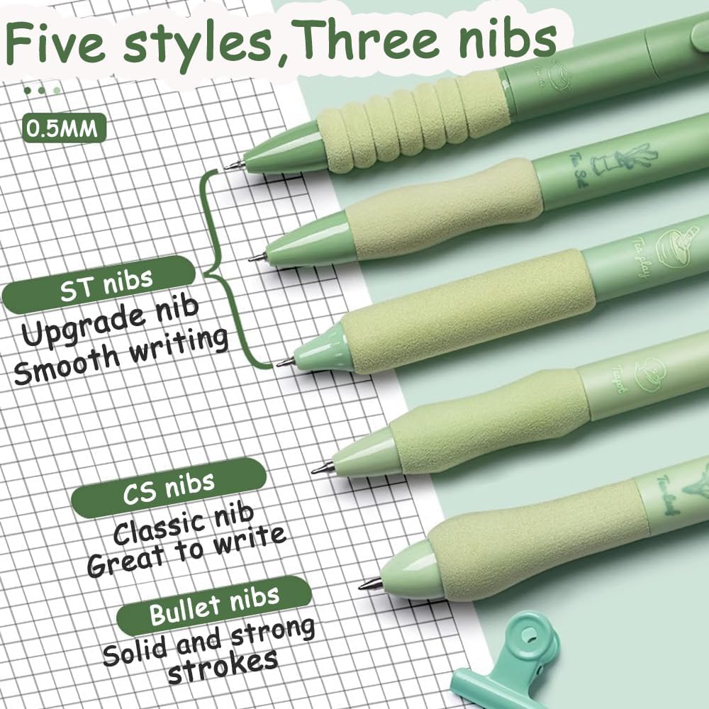 CK-PE-12 {5Pcs} Soft Grip Gel Pen Set 0.5mm Fine Tip Smooth Writing Pens Cute Aesthetic Pink Or Green Gel Pens for School College Office Journaling Gift for Kids