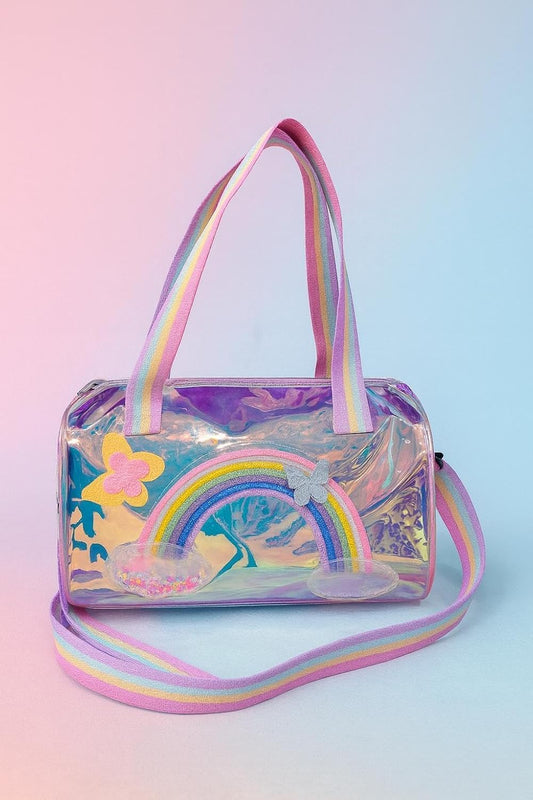 50346 Happy HuesMagical Holographic Duffle Bag for Girls – Trendy Water-Resistant Kids Travel Bag with Rainbow Straps & Butterfly (Rainbow Duffle) { Size-30cm*27cm*26cm*}