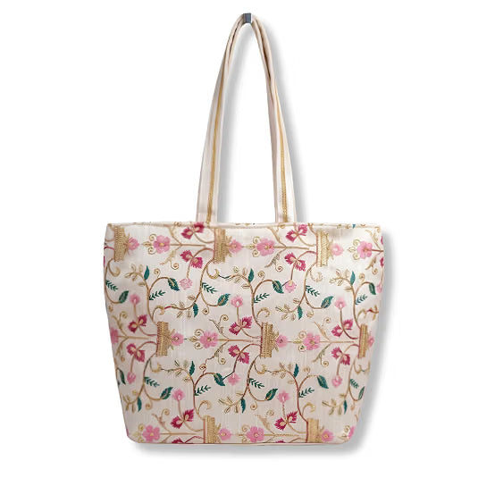 21254 Embroidered Floral Tote Bag for Women, Ethnic Designer Handbag with Vintage Motifs, Light-Colored Woven Fabric, Luxury Festive Occasion Wedding Gift Bag