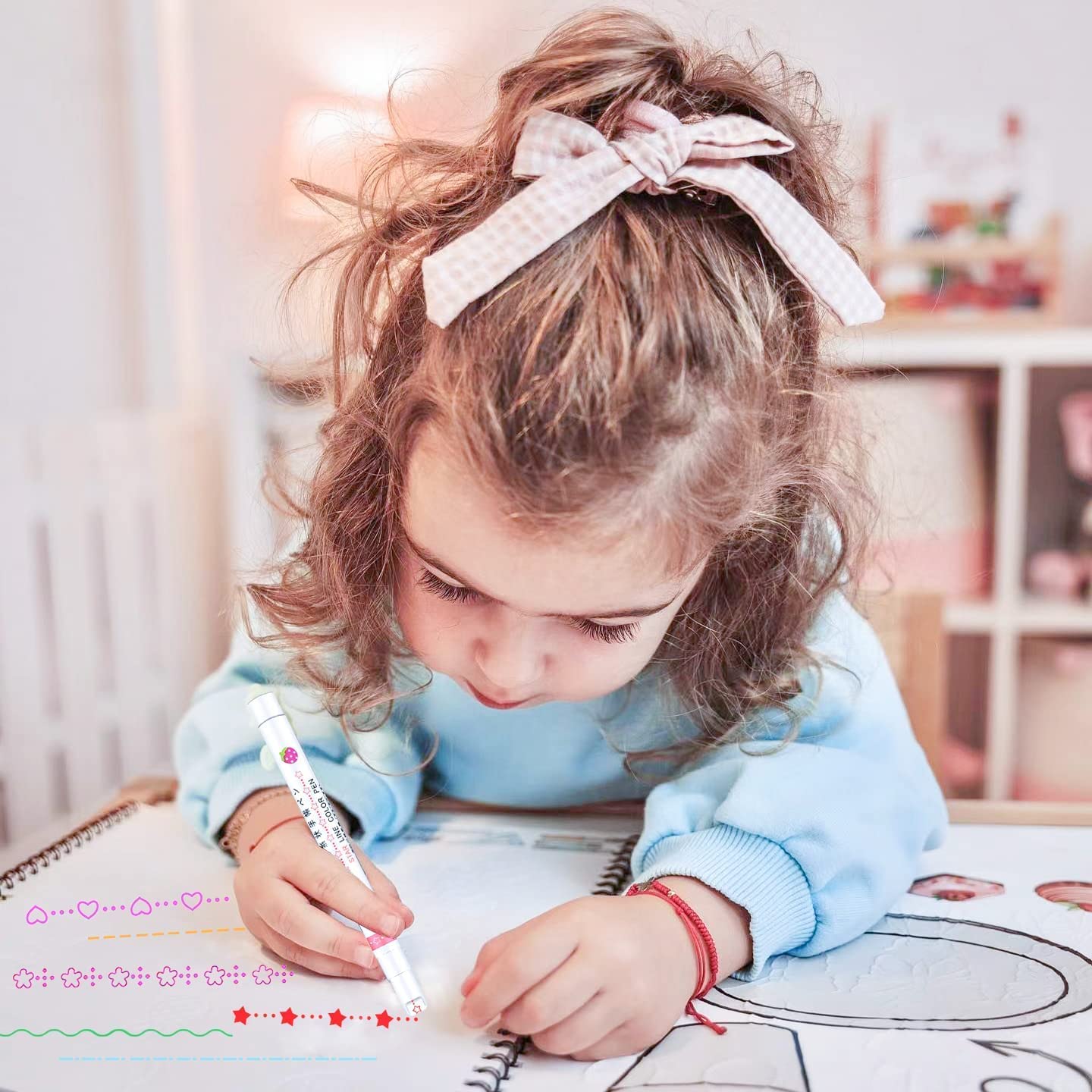 DM-7008-6  Curve Highlighter Pen Set-Dual Tip Pens with 6 Different Curve Shapes Fine Tips,Colorful Curve Highlighters Six Cute Pattern-Heart/flower/curve/dotted Line/Slash/Dot, for Writing, Drawing(6)