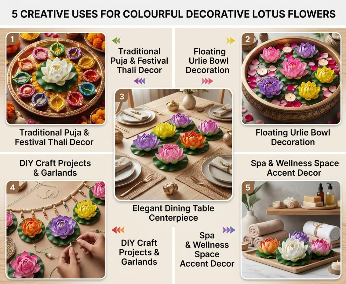 21355 12 Pcs Artificial Floating Lotus Flowers for Wedding Or Party Decoration Bowl, Floating Water Bowl Plants, Flora Living Room Diwali Festival, Pool, Home, Garden & Temple Decor