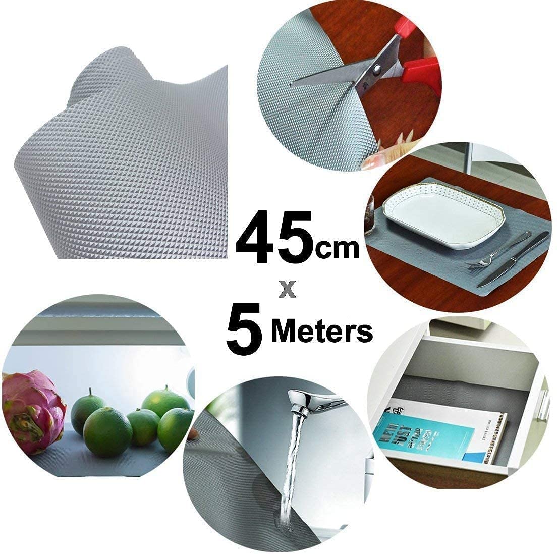 21145 EVA Anti Slip Shelf Liners for Kitchen Shelves & Fridge Mat – Food Grade, Washable Drawer Liners for Kitchen, Cabinet, Table, Refrigerator – Shelf Liner Sheet (45cm X 5 Meters Roll, Grey)