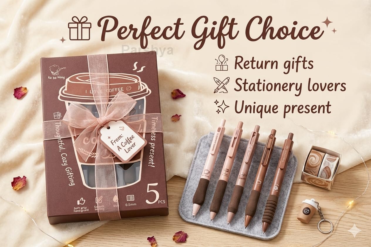 CK-PE-13 Coffee Theme Gel Pens Set of 5 | 0.5mm Fine Tip Blue Ink Pens | Soft Grip Smooth Writing Pens | Aesthetic Cute Stationery for Students, Office, Journaling & Gifts