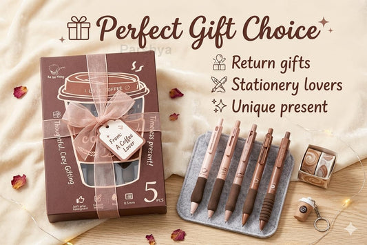 CK-PE-13 Coffee Theme Gel Pens Set of 5 | 0.5mm Fine Tip Blue Ink Pens | Soft Grip Smooth Writing Pens | Aesthetic Cute Stationery for Students, Office, Journaling & Gifts