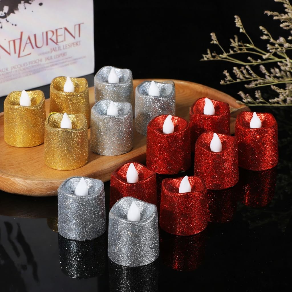 20899 LED flameless led Candle with Glitter Finish Attractive Colors Set of 24