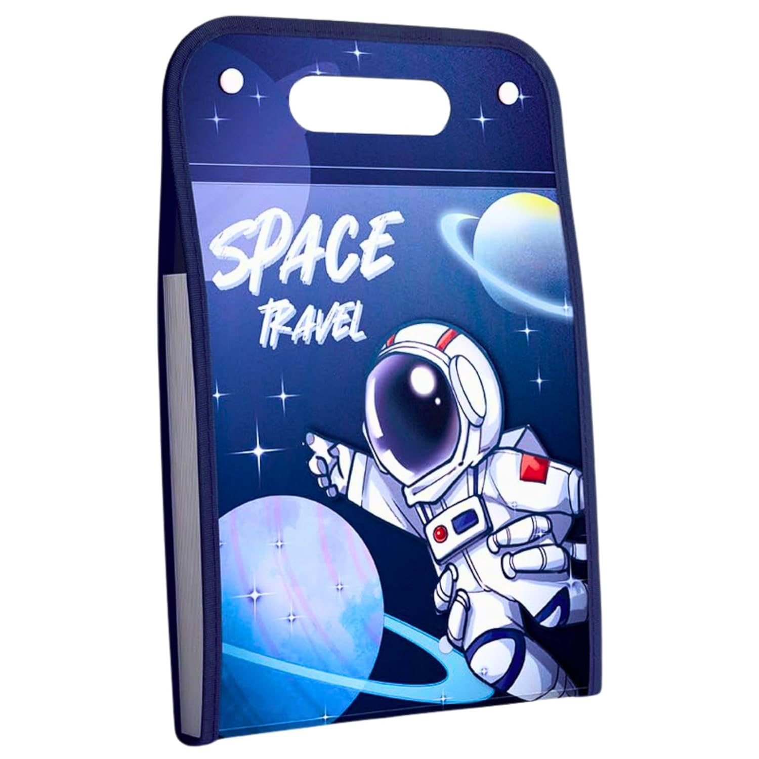 7079D Space Theme 13-Fold Expanding File Folder – Cute Blue Space Document Organizer with 13 Pockets, Button Lock and Handle for School, Office, Homework, Art Papers & Kids Stationery