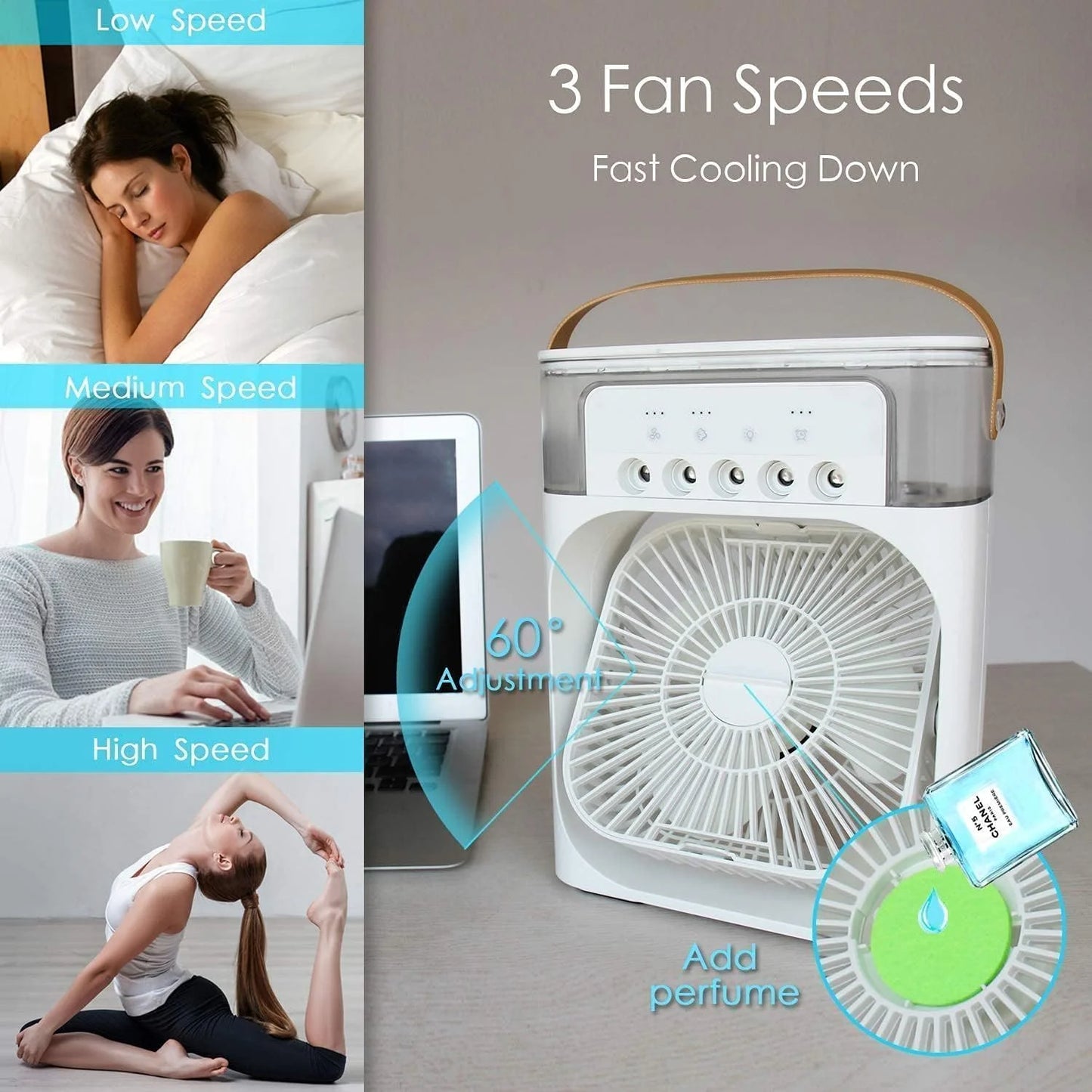 4766 Portable USB Air Cooler Fan with Ice Chamber, 4-in-1 Mini AC, Humidifier & LED Light – for Home, Office, Travel