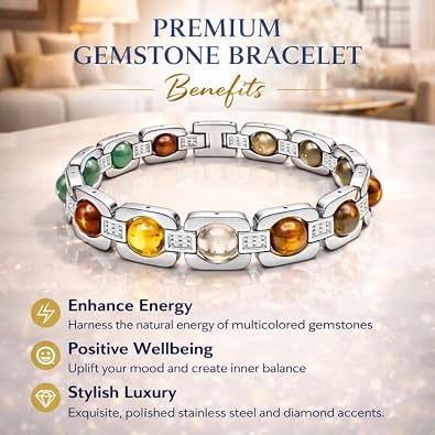 21166 Crystal Bracelet for Men & Women | Pyrite Citrine Tiger Eye Aventurine Quartz Hematite Stone Bracelet | Anti Tarnish Silver Color Prosperity Gift