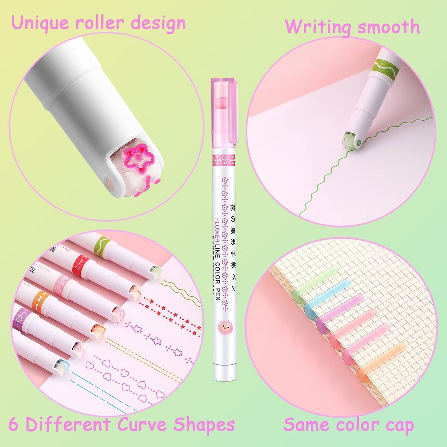 DM-7008-6  Curve Highlighter Pen Set-Dual Tip Pens with 6 Different Curve Shapes Fine Tips,Colorful Curve Highlighters Six Cute Pattern-Heart/flower/curve/dotted Line/Slash/Dot, for Writing, Drawing(6)
