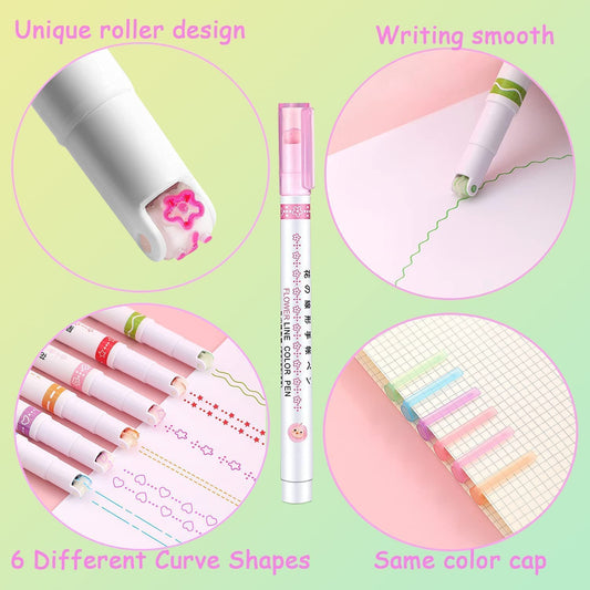 DM-7008-6  Curve Highlighter Pen Set-Dual Tip Pens with 6 Different Curve Shapes Fine Tips,Colorful Curve Highlighters Six Cute Pattern-Heart/flower/curve/dotted Line/Slash/Dot, for Writing, Drawing(6)