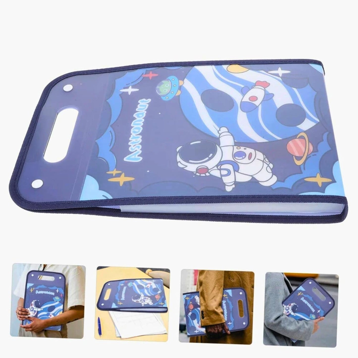 7079D Space Theme 13-Fold Expanding File Folder – Cute Blue Space Document Organizer with 13 Pockets, Button Lock and Handle for School, Office, Homework, Art Papers & Kids Stationery