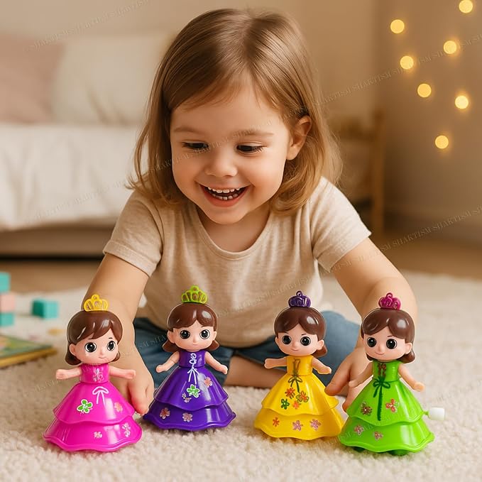 21025 Little Princess Wind-Up Spinning Doll Set, Educational Baby Toy with 4 Colourful Dolls, 6+ Months