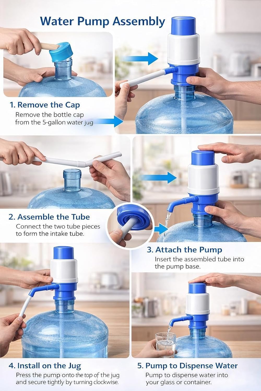 20715  Drinking Water Pump Dispenser for 20 to 25 Litre Bottles | Hand Press Plastic Water Can Pump for Home Office Camping | Easy Fit Vacuum Action Water Dispenser