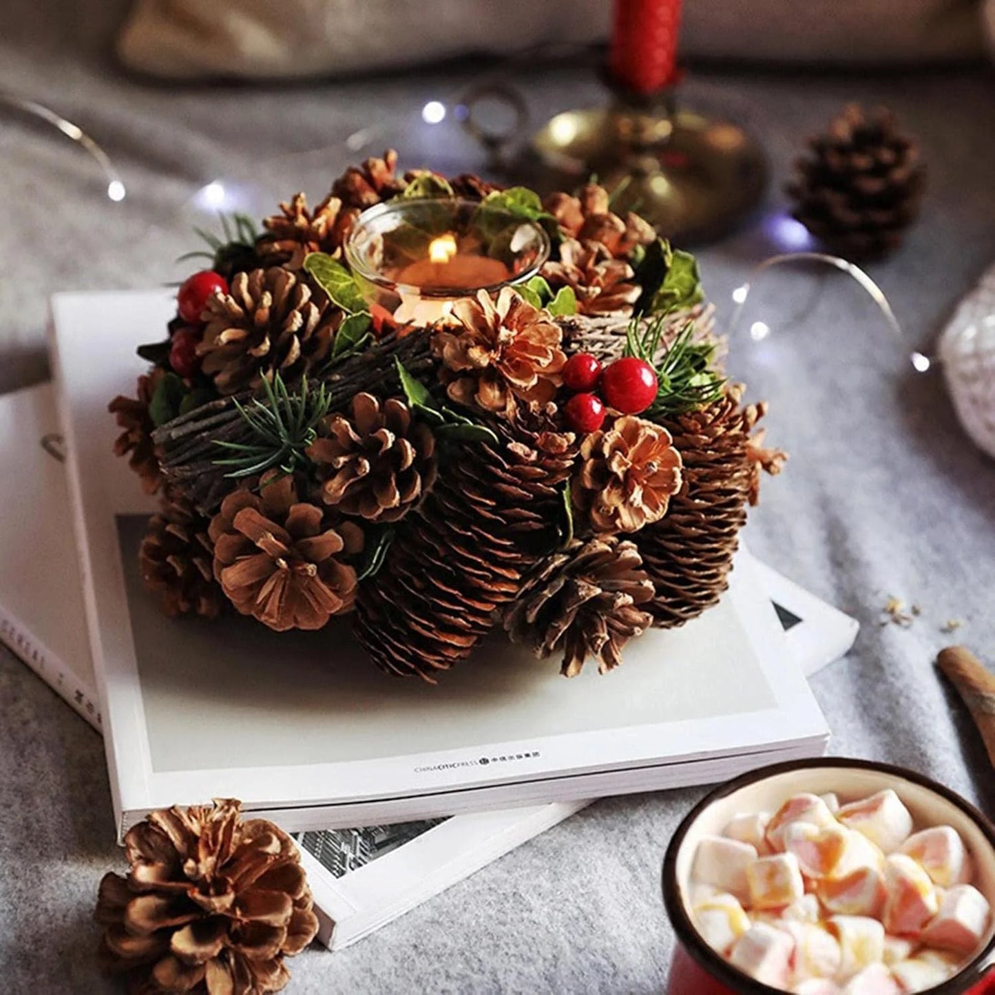 7096 Red Rosette Jingle Bells Glass Artificial Greenery Tea Light Holder