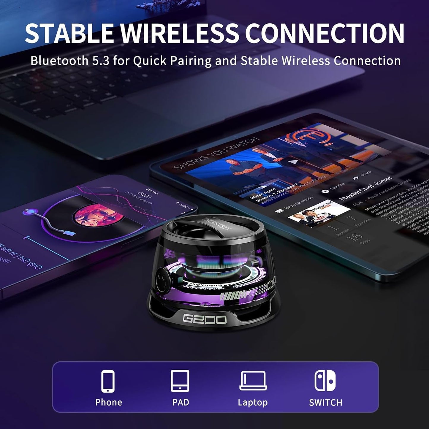 G200 Magnetic Bluetooth Speaker with RGB Lights Portable Mini Wireless 3D Surround Sound Waterproof Pocket Size Multifunctional 2 in 1 Phone Stand for iPhone, Android
