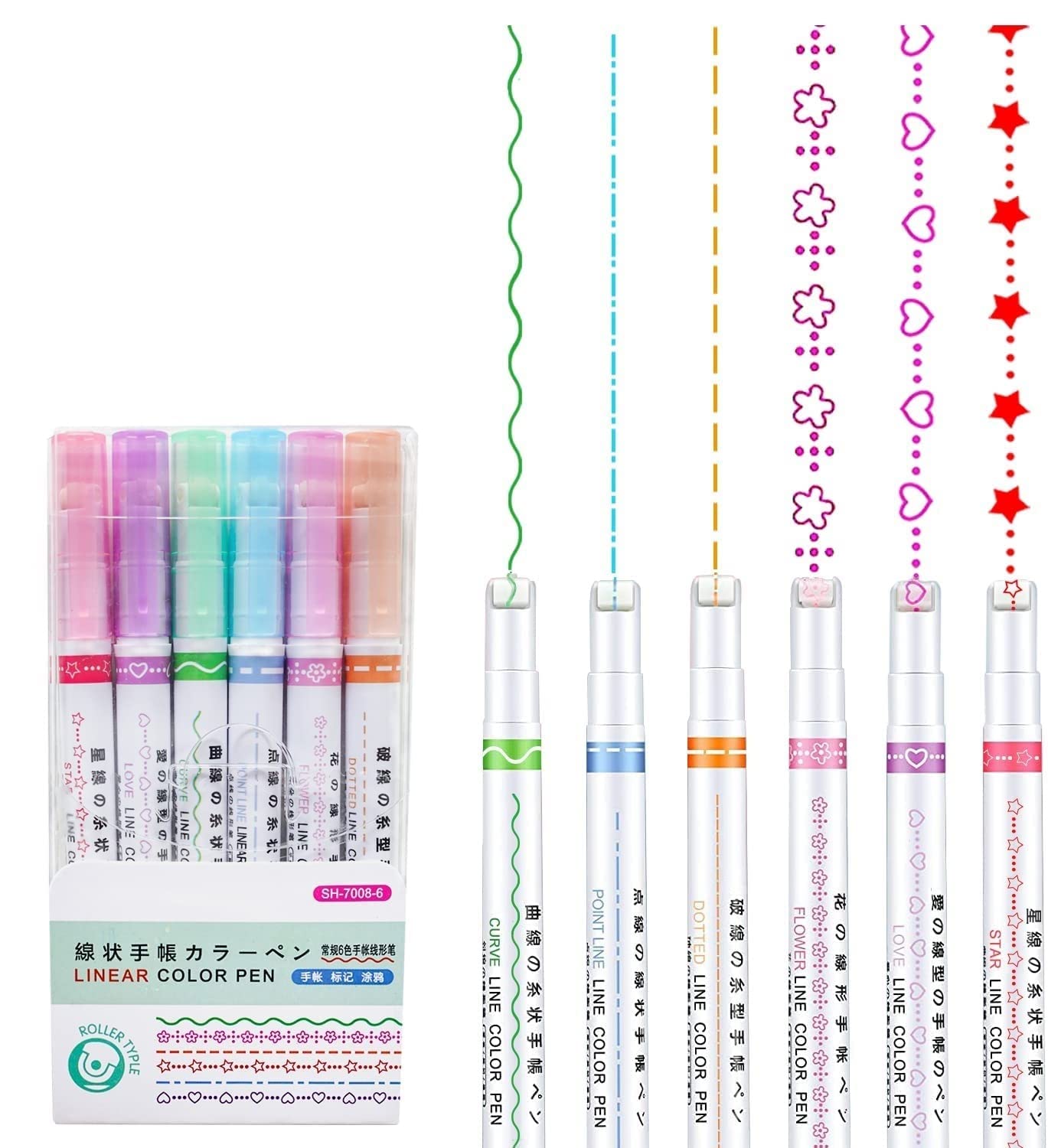 DM-7008-6  Curve Highlighter Pen Set-Dual Tip Pens with 6 Different Curve Shapes Fine Tips,Colorful Curve Highlighters Six Cute Pattern-Heart/flower/curve/dotted Line/Slash/Dot, for Writing, Drawing(6)
