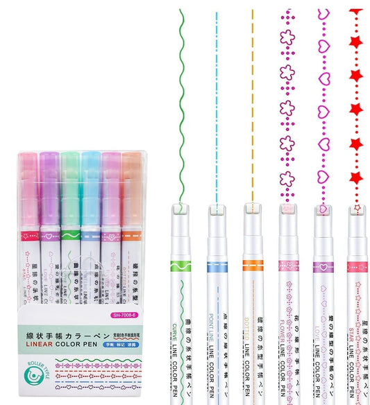 DM-7008-6  Curve Highlighter Pen Set-Dual Tip Pens with 6 Different Curve Shapes Fine Tips,Colorful Curve Highlighters Six Cute Pattern-Heart/flower/curve/dotted Line/Slash/Dot, for Writing, Drawing(6)